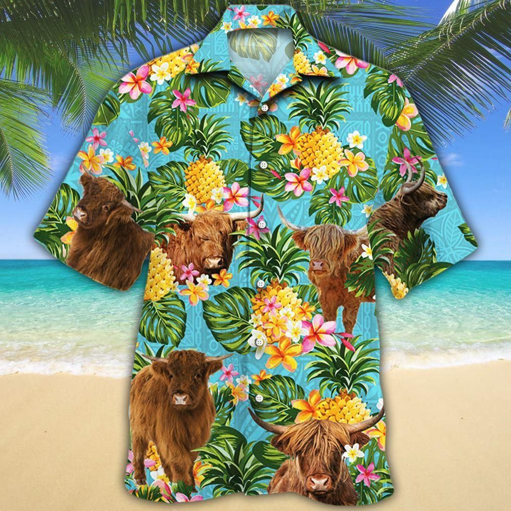 Highland Cattle Lovers Pineapple Aloha Hawaiian Shirt Colorful Short Sleeve Summer Beach Casual Shirt For Men And Women