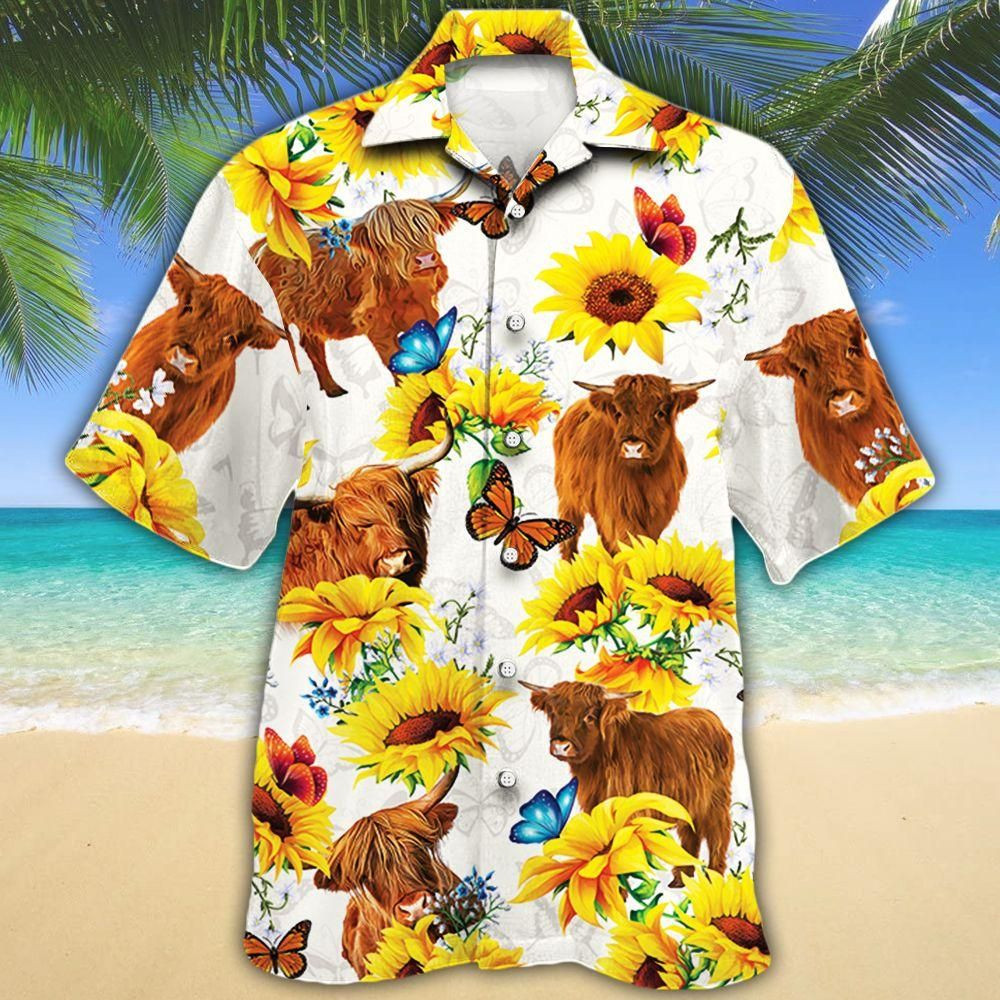 Highland Cattle Lovers Sun Flower Aloha Hawaiian Shirt Colorful Short Sleeve Summer Beach Casual Shirt For Men And Women