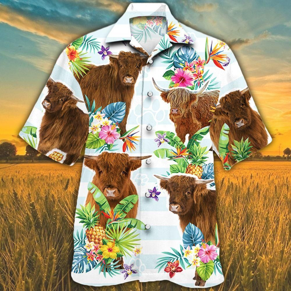 Highland Cattle Lovers Tropical Flower Aloha Hawaiian Shirt Colorful Short Sleeve Summer Beach Casual Shirt For Men And Women