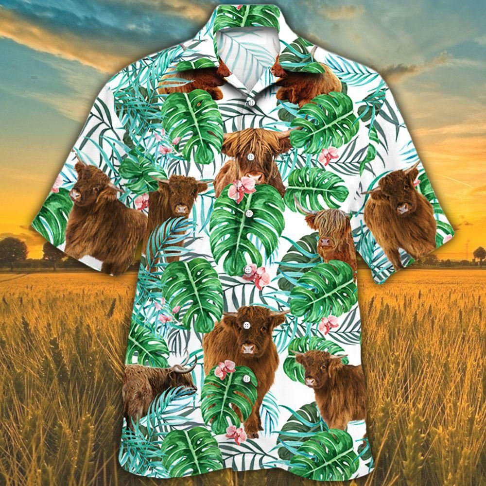 Highland Cattle Lovers Tropical Plant Aloha Hawaiian Shirt Colorful Short Sleeve Summer Beach Casual Shirt For Men And Women