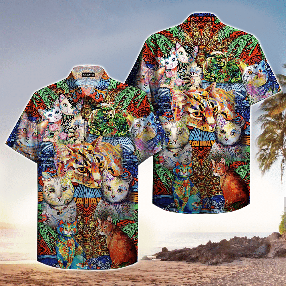 Hippie Cats Peace Life Colorful Hawaiian Shirt for Men and Women