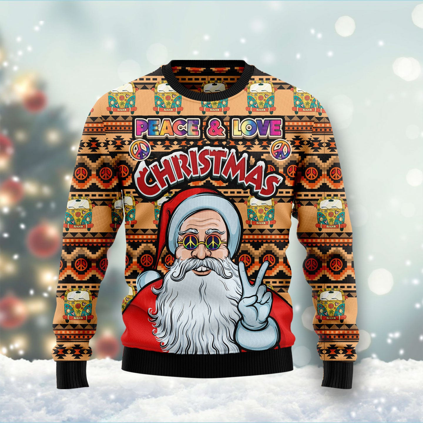 Hippie Santa Claus Peace And Love Ugly Christmas Sweater