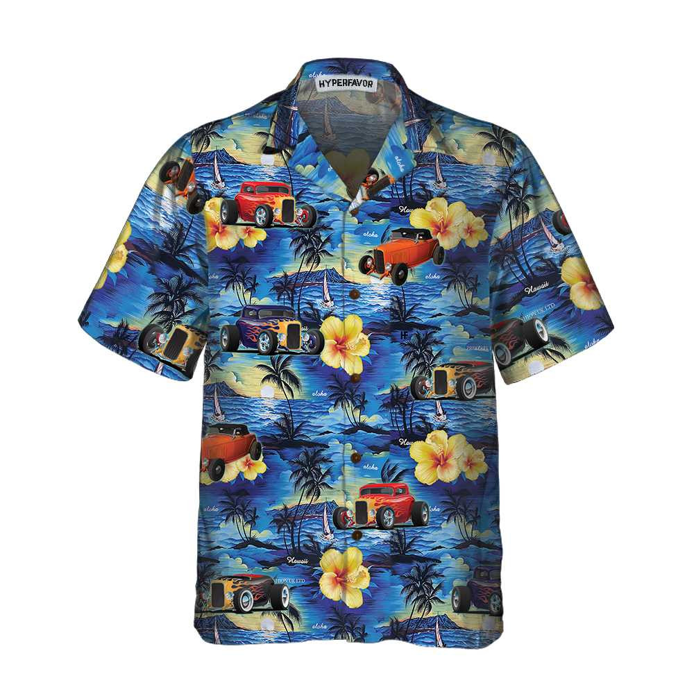 Hod Rod And Tropical Hibiscus Pattern Hawaiian Shirt Cool Hot Rod Shirt For Men