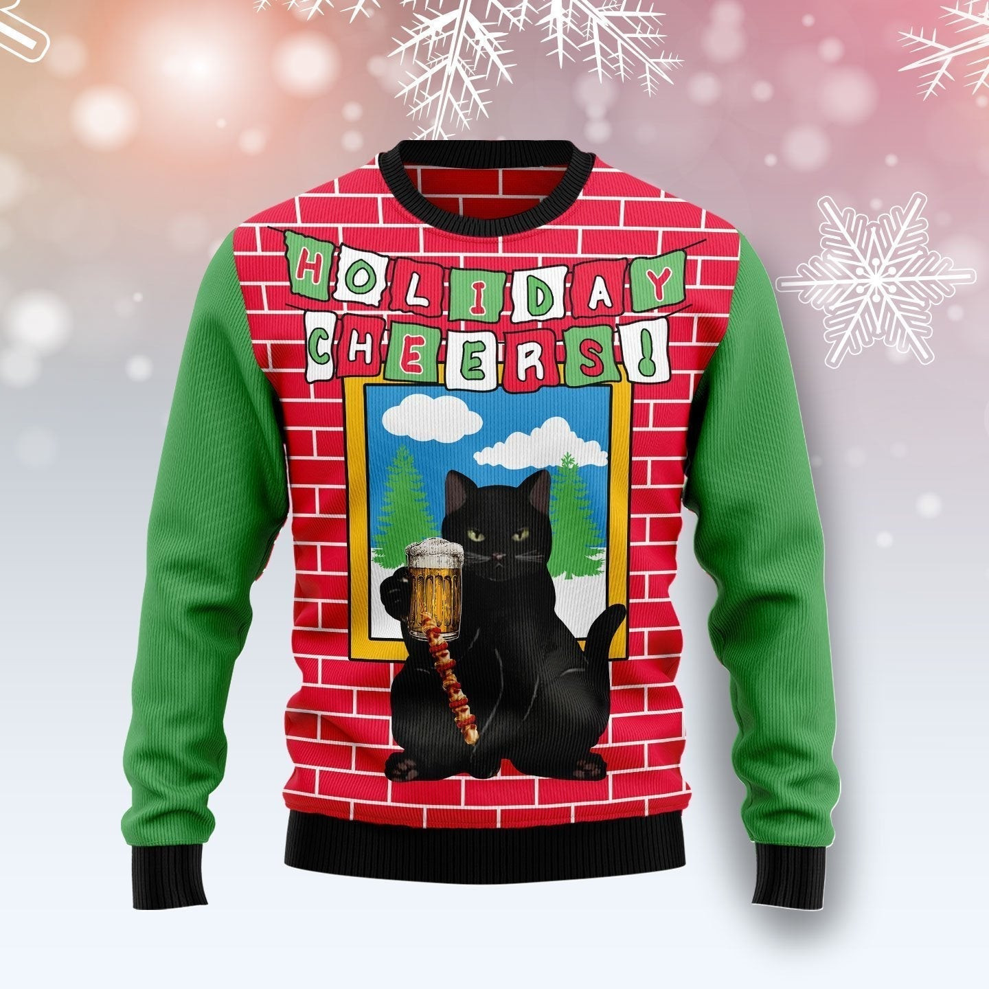 Holiday Cheer Black Cat Beer Ugly Christmas Sweater