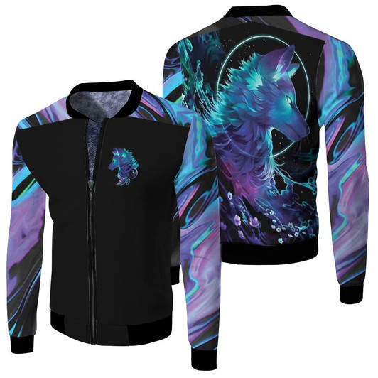 Holographic Wolf Fleece Bomber Jacket