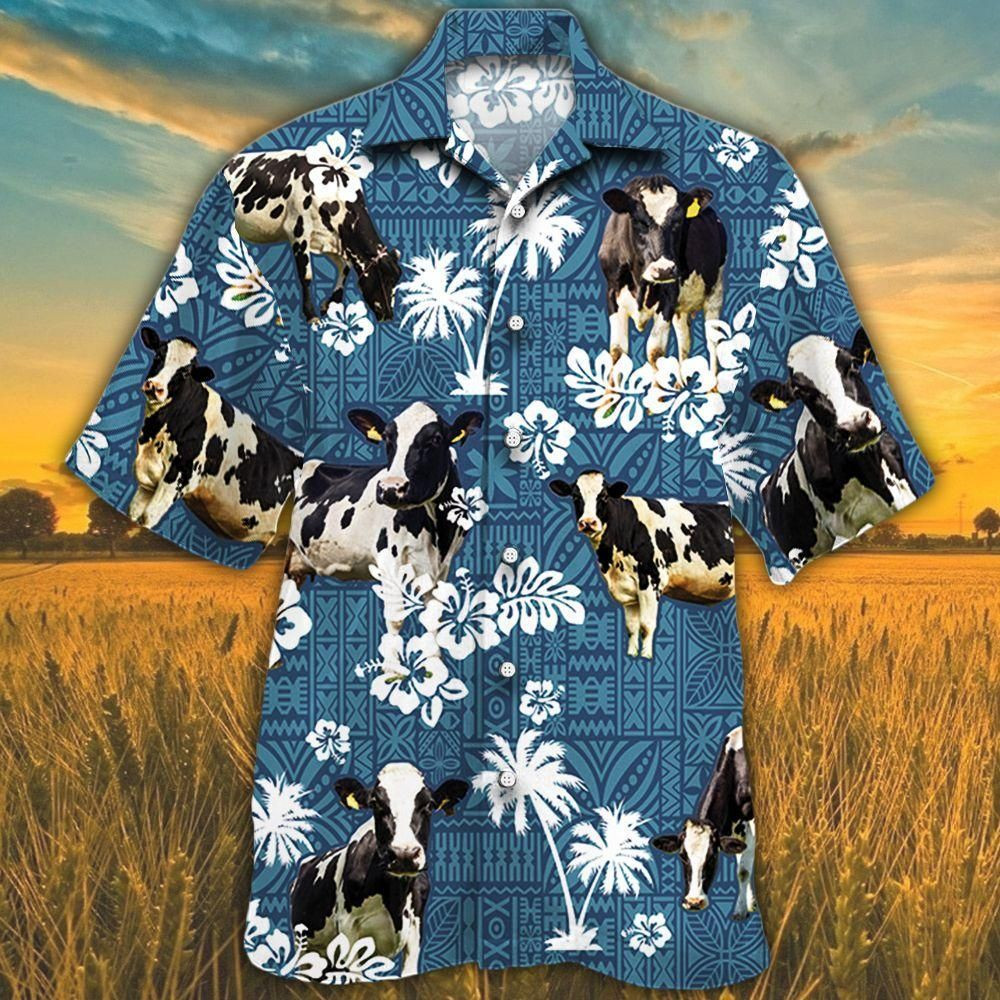 Holstein Friesian Cattle Lovers Blue Tribal Aloha Hawaiian Shirt Colorful Short Sleeve Summer Beach Casual Shirt For Men And Women