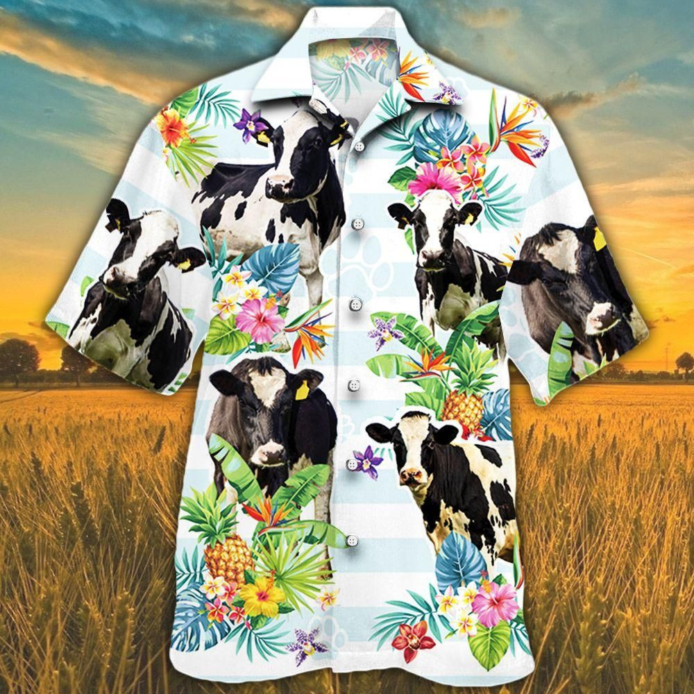 Holstein Friesian Cattle Lovers Tropical Flower Aloha Hawaiian Shirt Colorful Short Sleeve Summer Beach Casual Shirt For Men And Women