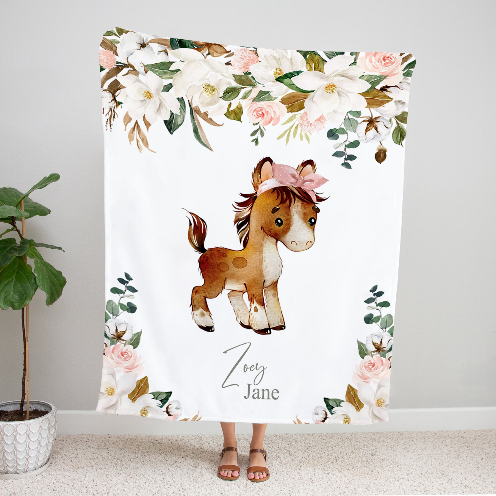 Personalized Horse Baby Girl Blanket Gift