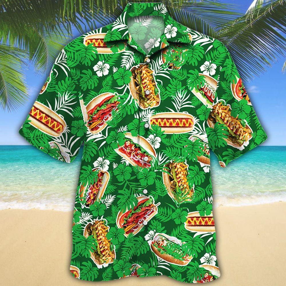 Hot Dog Lovers Green Floral Aloha Hawaiian Shirt Colorful Short Sleeve Summer Beach Casual Shirt For Men And Women