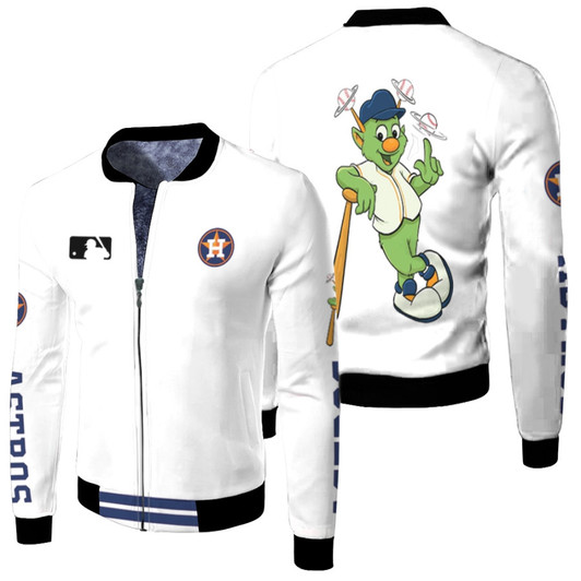 Houston Astros Mlb Baseball Team Orbit Logo White Fleece Bomber Jacket