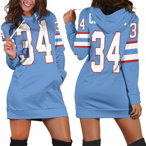 Houston Oilers Earl Campbell Light Blue 1980 Throwback Retired Player Jersey Inspired Style Hoodie Dress Sweater Dress Sweatshirt Dress