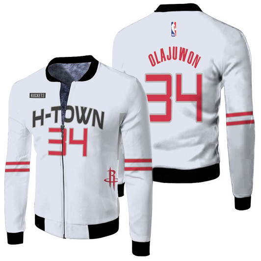 Houston Rockets Hakeem Olajuwon 34 2020 Finished City Edition White Jersey Style Gift For Rockets Fans Fleece Bomber Jacket