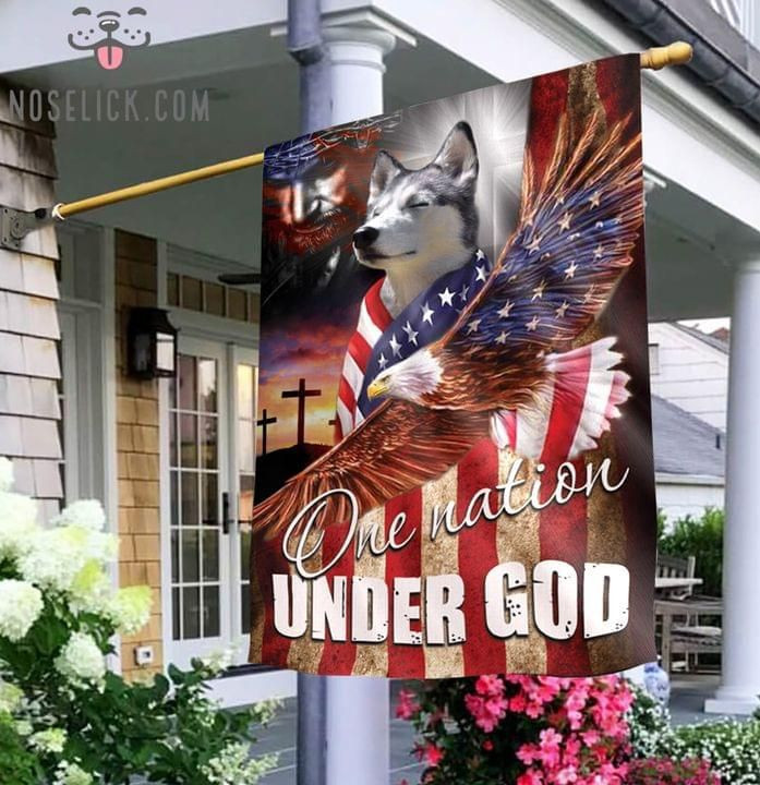 Husky One Nation Under God Christian Cross Dog Lover Eagle American Flag Garden Flag House Flag