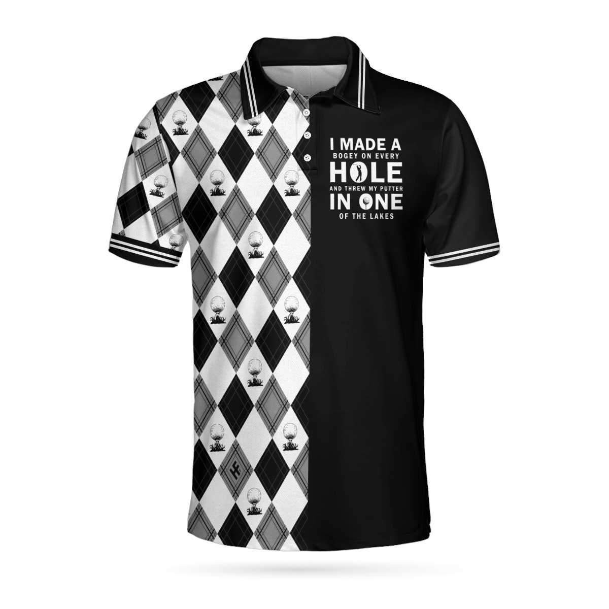 I Made A Bogey On Every Hole Polo Shirt Black And White Argyle Pattern Polo Shirt Cool Golf Shirts Short Sleeve Polo For Men