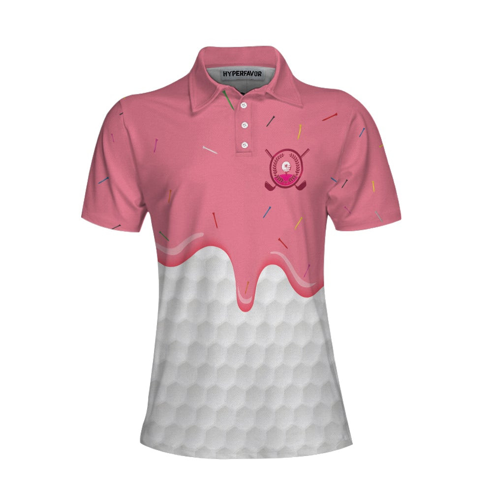 Ice Cream Melting On Golf Ball Cone V2 Golf Short Sleeve Women Polo Shirt White And Pink Women Golf Shirt