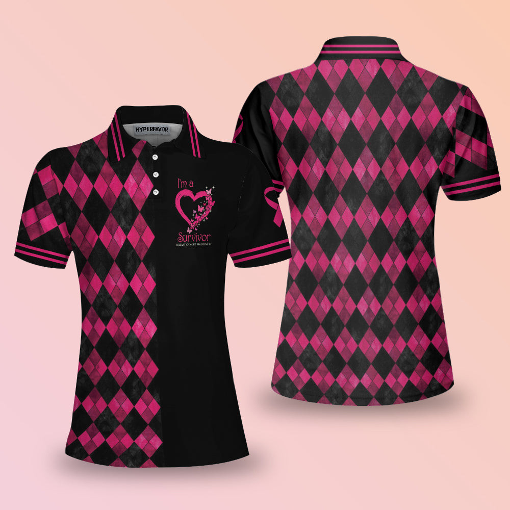 Im A Survivor Breast Cancer Awareness Short Sleeve Women Polo Shirt Black And Pink Argyle Pattern Shirt