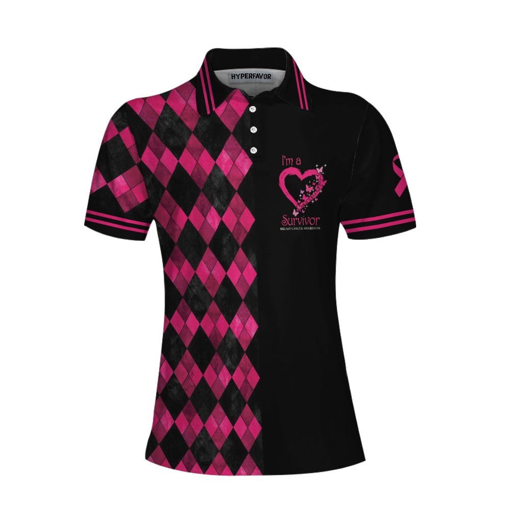 Im A Survivor Breast Cancer Awareness Short Sleeve Women Polo Shirt Black And Pink Argyle Pattern Shirt