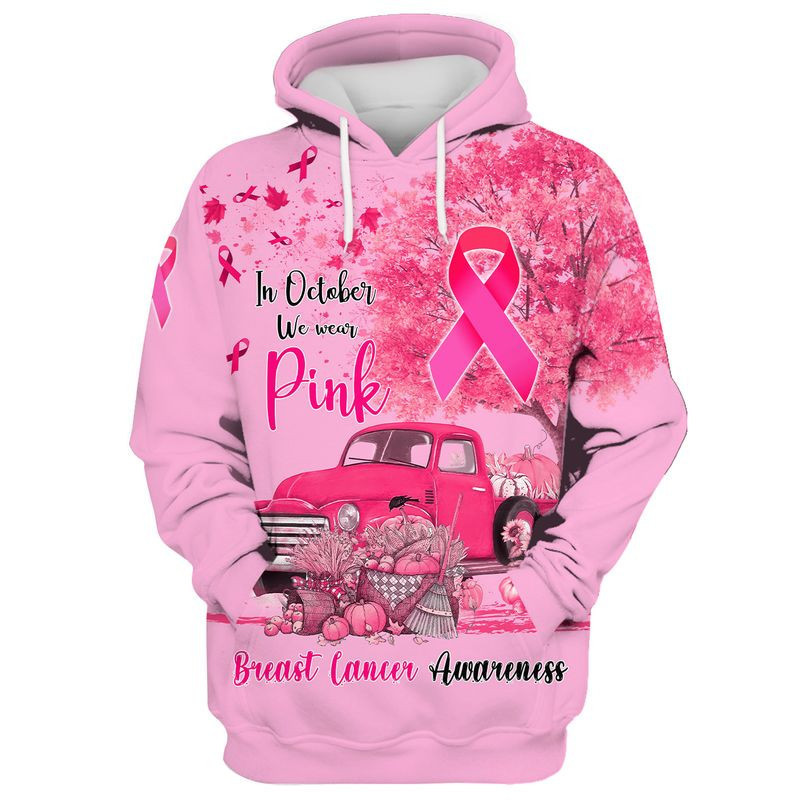 In October We Wear Pink Breast Cancer Awareness Truck Pumpkin 3D Shirt