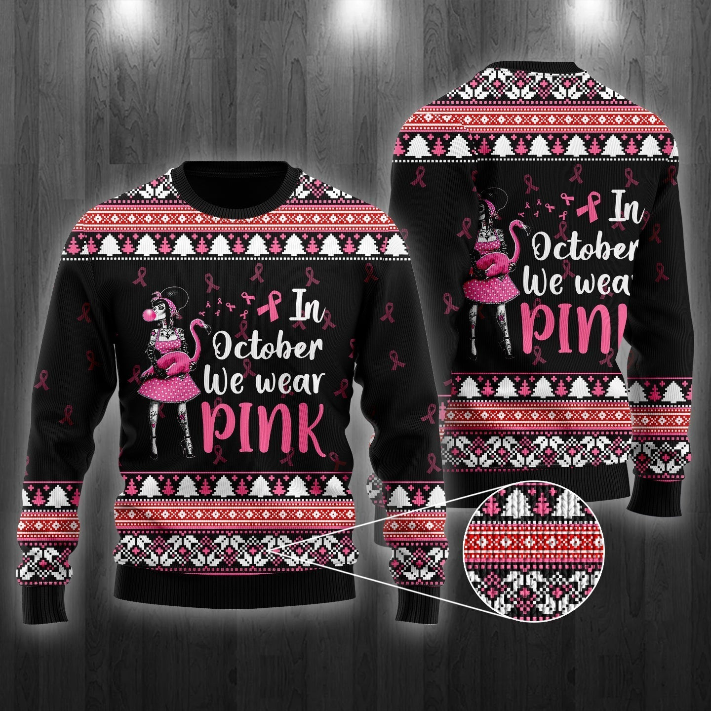 In Octorber We Wear Pink Flamingo Ugly Christmas Sweater Ugly Sweater For Men Women