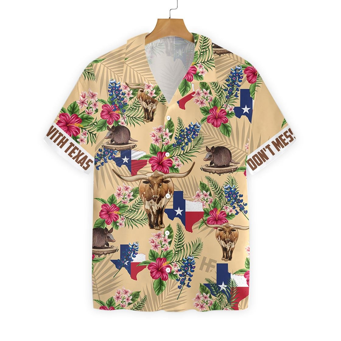 Insignia Bluebonnet Texas Hawaiian Shirt Cream Version Dont Mess With Texas Armadillo And Longhorn Texas Home Shirt For Men