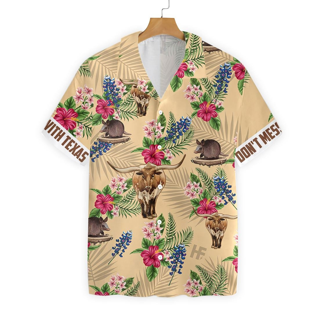 Insignia Bluebonnet Texas Hawaiian Shirt White Back Cream Version Dont Mess With Texas Armadillo and Longhorn Texas Home Shirt For Men