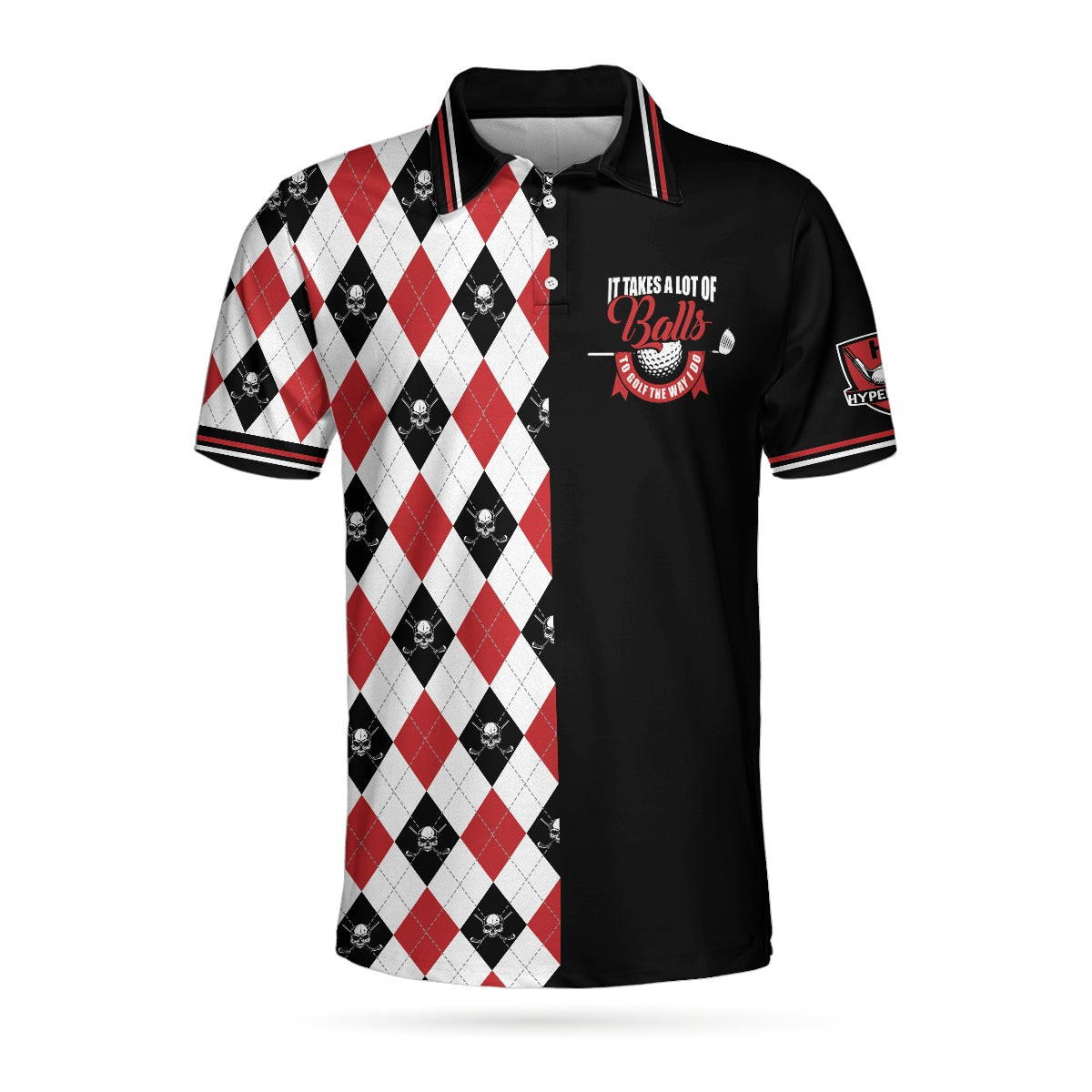 It Takes A Lot Of Balls Red Black And White Pattern Polo Shirt Argyle Pattern Skull Golf Shirt For Men