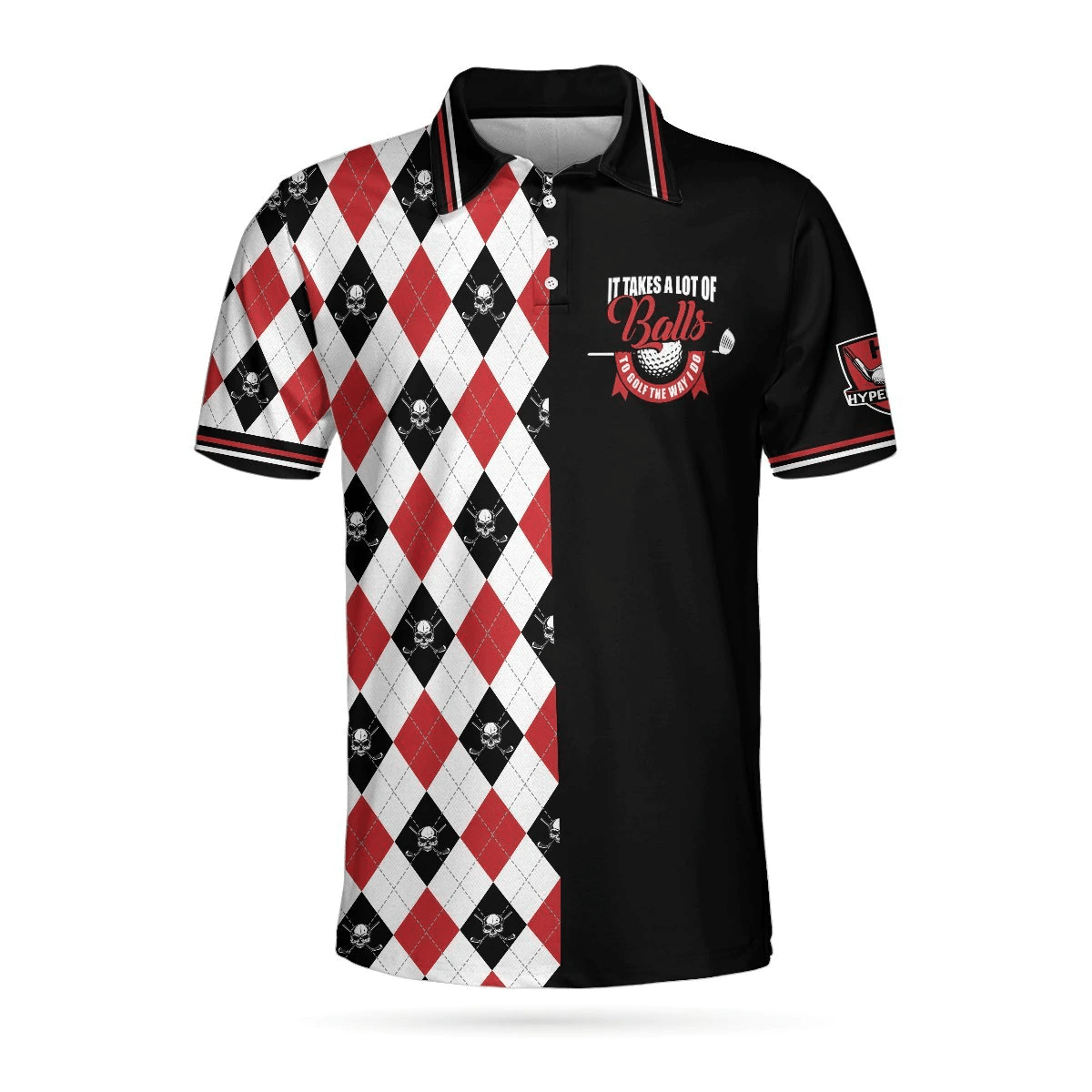 It Takes A Lot Of Balls Red Black And White Pattern Polo Shirt Argyle Pattern Skull Golf Shirts Short Sleeve Polo For Men