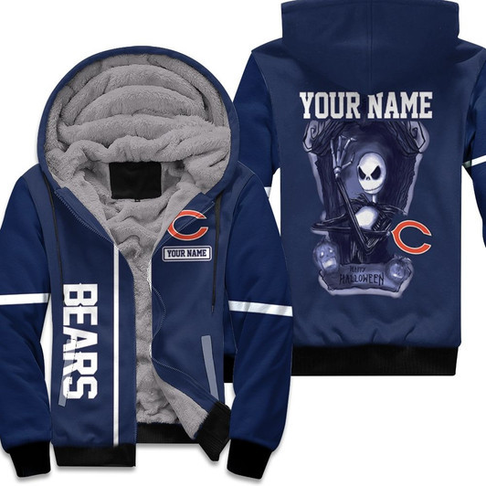 Jack Skellington Chicago Bears Navy 3D Allover Custom Name Gift For Bears Fans Halloween Lovers Fleece Hoodie