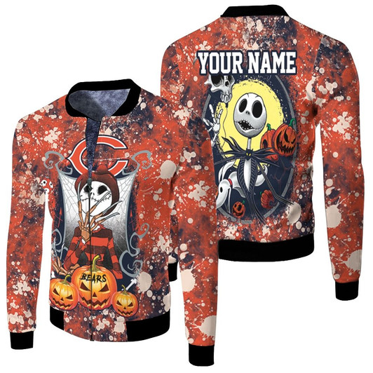 Jack Skellington In Freddy Krueger Chicago Bears Orange Drop Painting Fleece Bomber Jacket