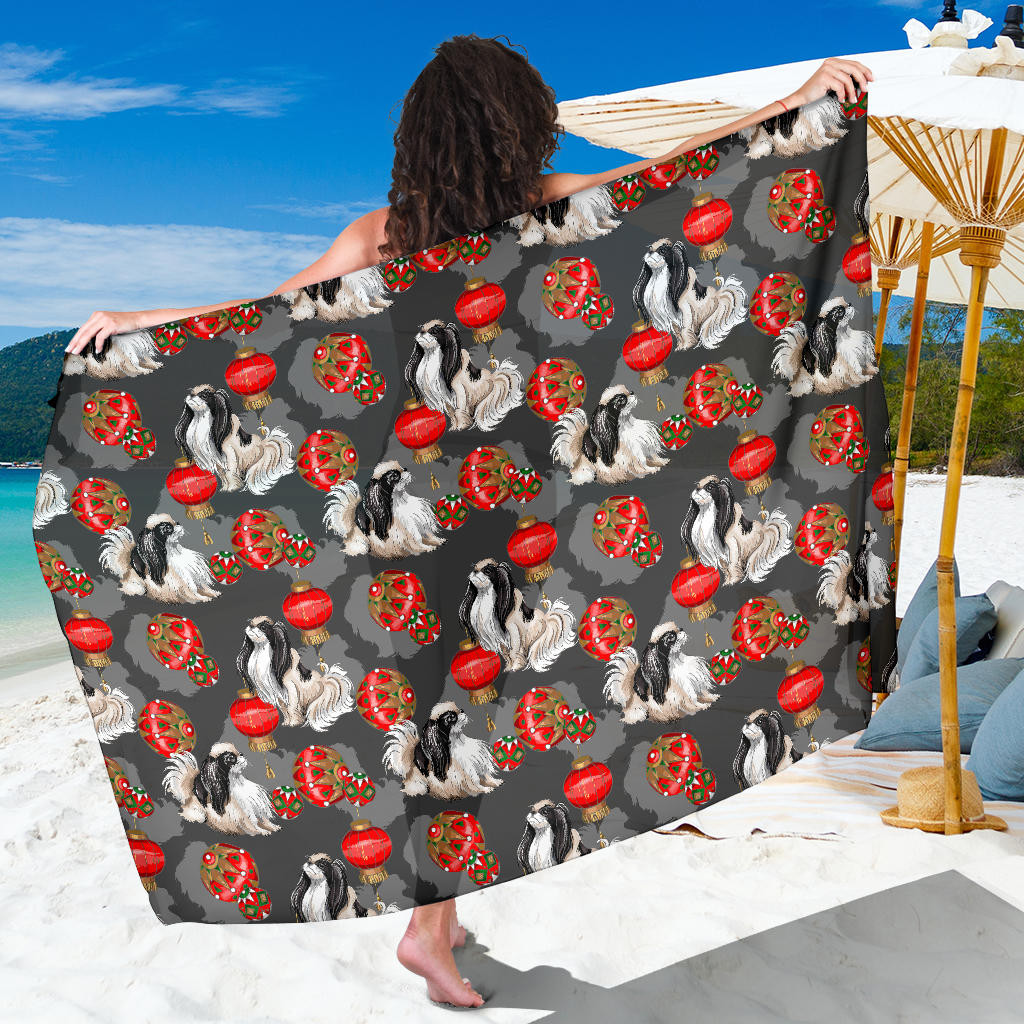 Japanese Chin Pattern Print Sarong Cover Up Japanese Chin Pareo Wrap Skirt Dress