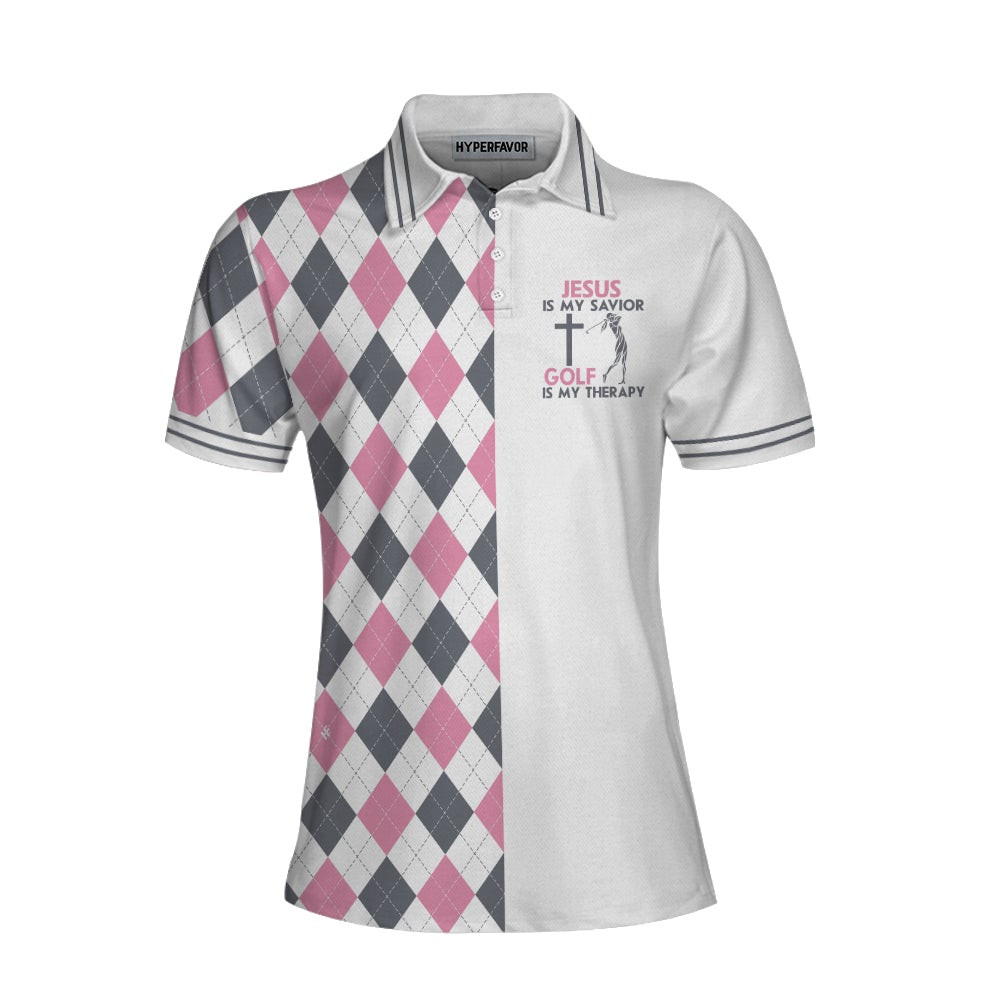 Jesus Is My Savior Golf Is My Therapy Short Sleeve Women Polo Shirt Argyle Pattern Golf Shirt For Ladies