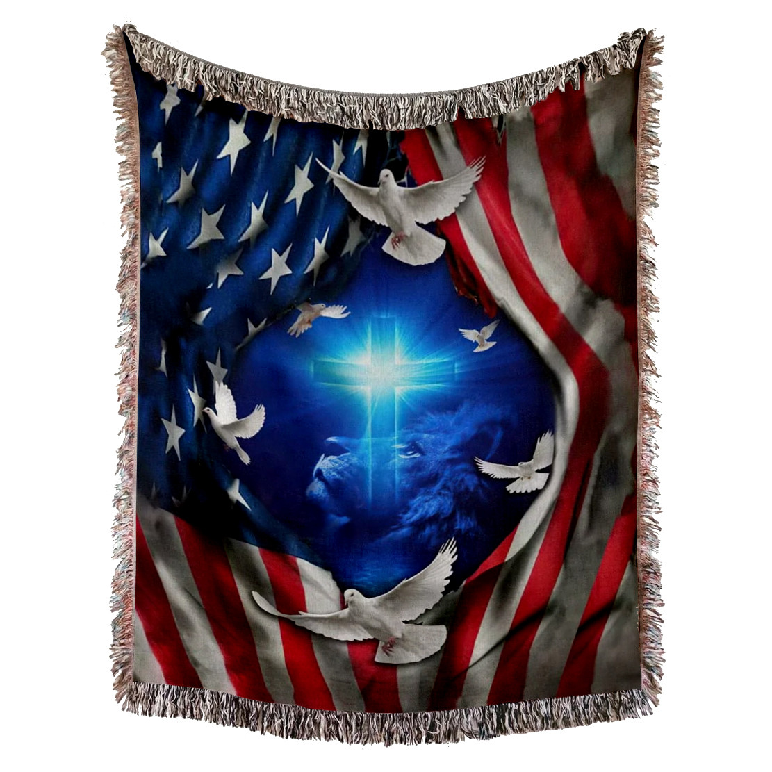 Jesus Lion American Flag of Faith Woven Blanket – American Flag Christian Woven Throw Blanket – Jesus Lion Tapestry For Christian Blanket