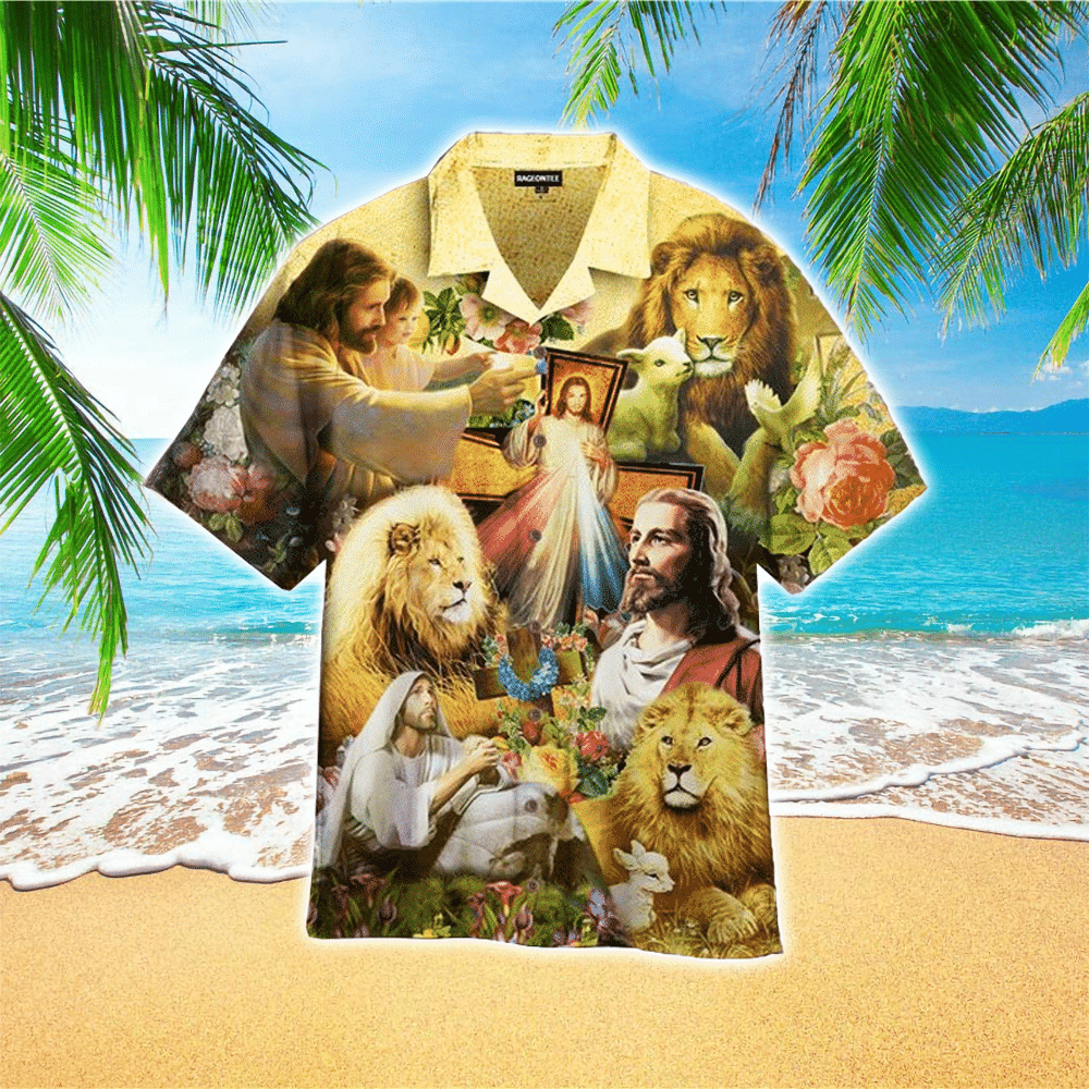 Jesus Lion Goat Beautiful Flowers Hawaiian Shirt for Men and Women