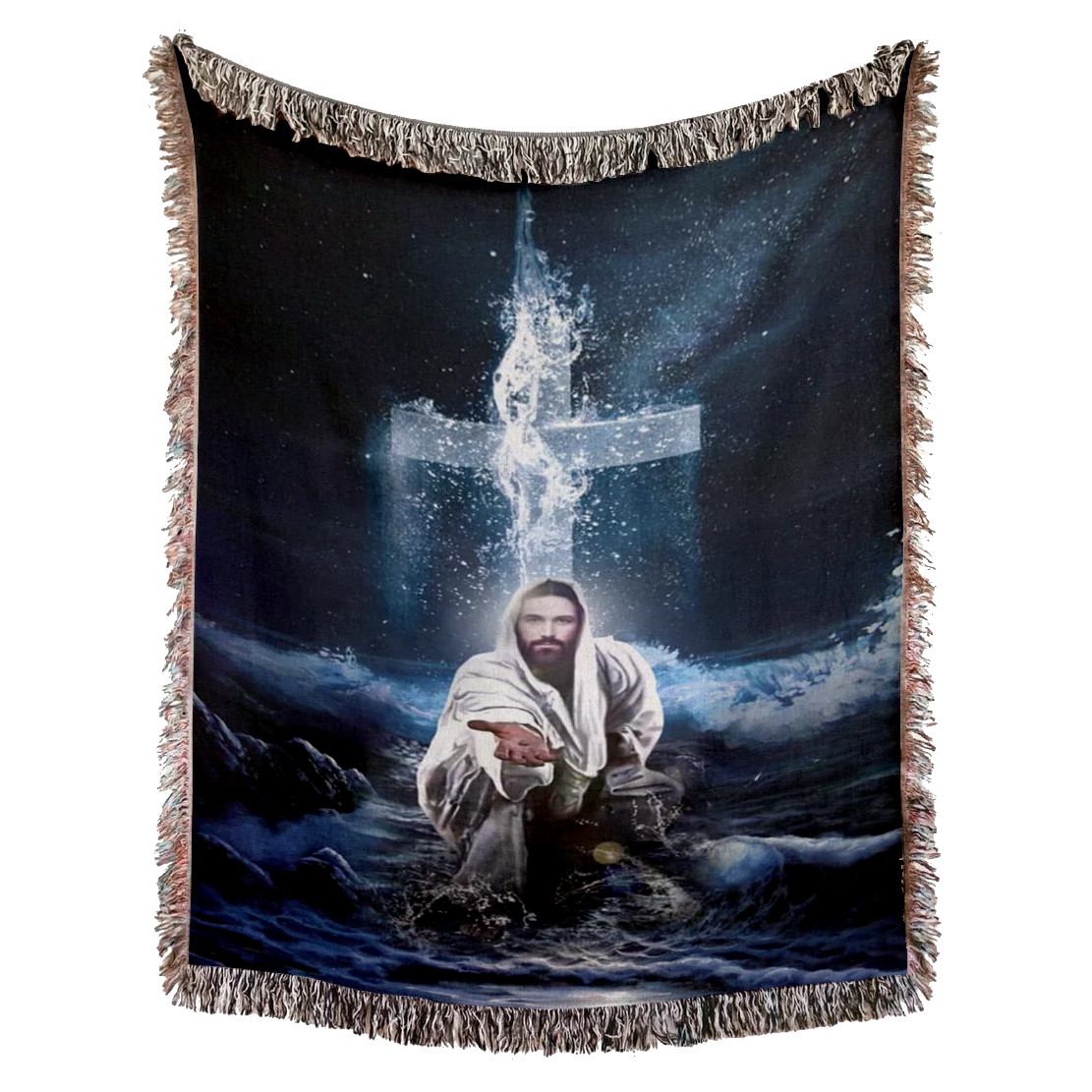 Jesus Outstretched Hands Saves Woven Blanket - Christian Woven Throw Blanket - Jesus Tapestry Decor For Christian Blanket