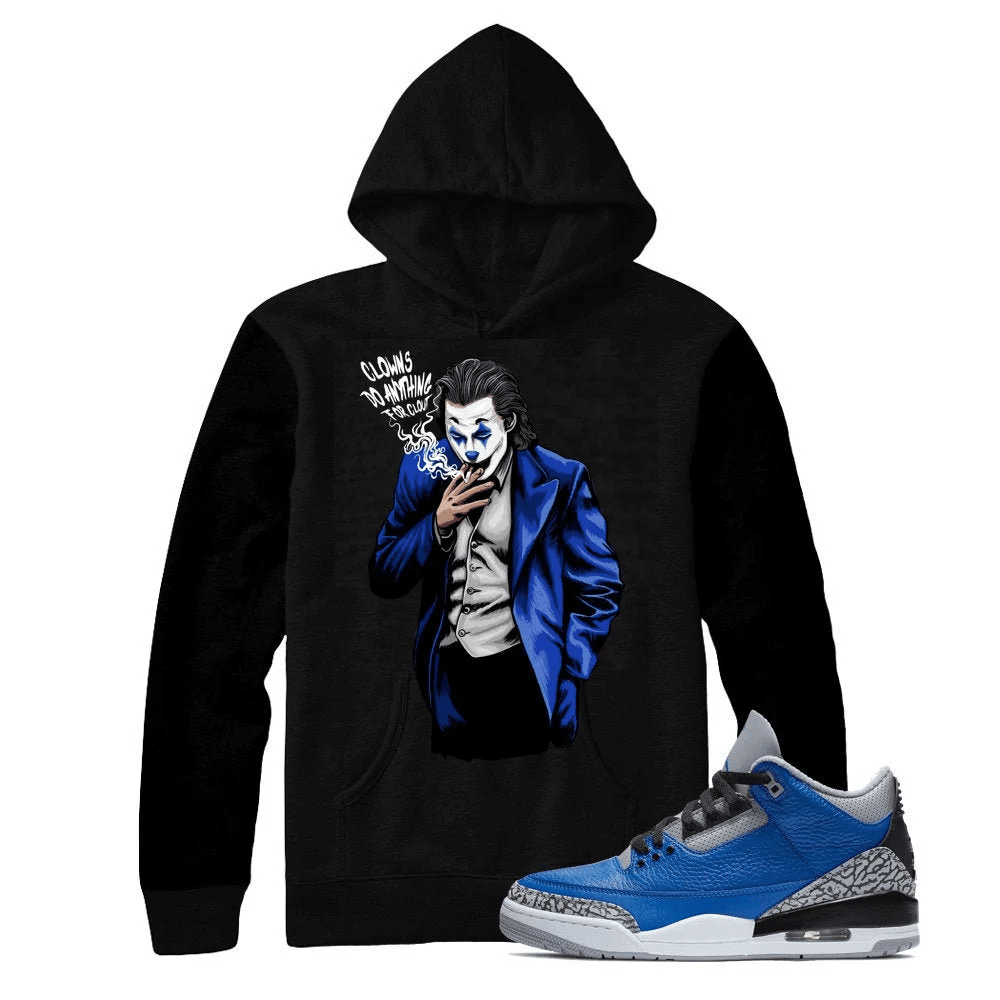 Jordan 3 Blue Cement Clout Clown Sneaker Black Hoodie | Blue Cement Retro 3s Hoodies Outfit