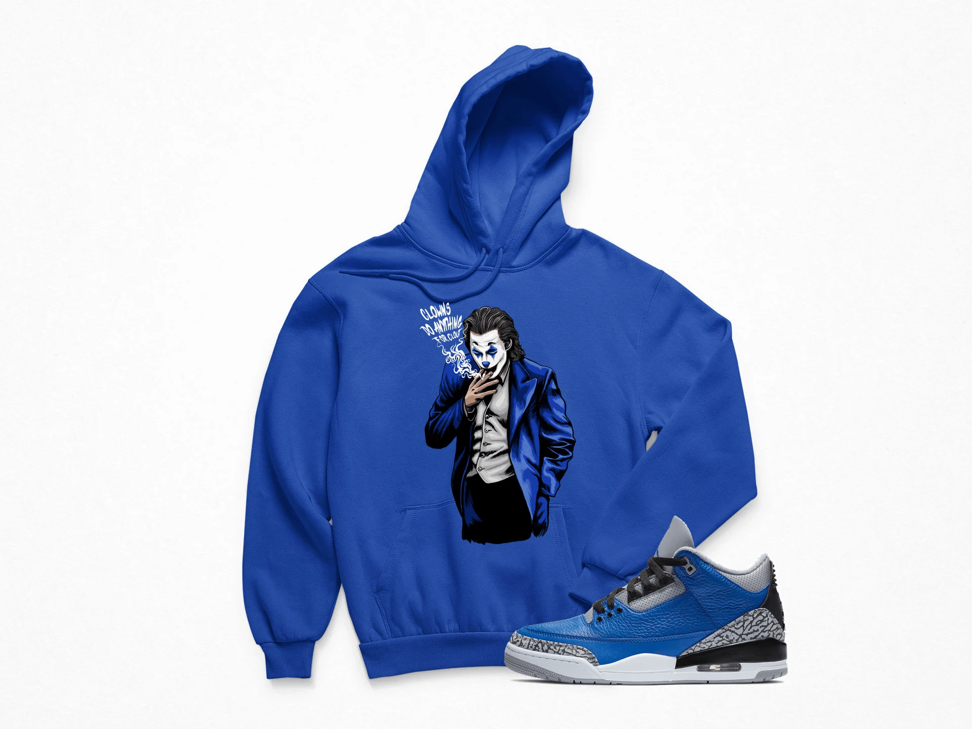 Jordan 3 Blue Cement Clout Clown Sneaker Blue Hoodie | Blue Cement Retro 3s Hoodies Outfit