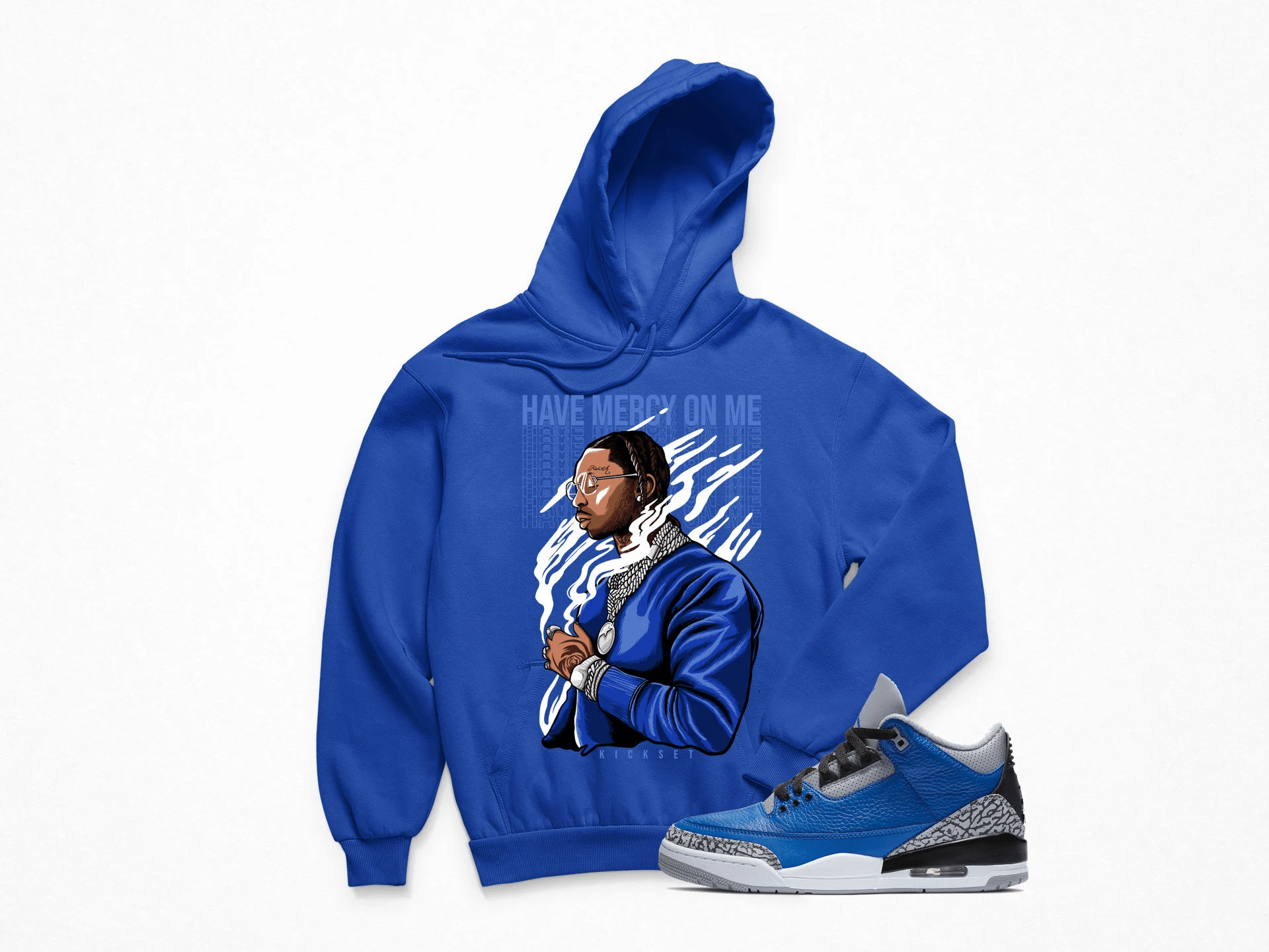 Jordan 3 Blue Cement Have Mercy Sneaker Blue Hoodie | Blue Cement Retro 3s Hoodies Outfit