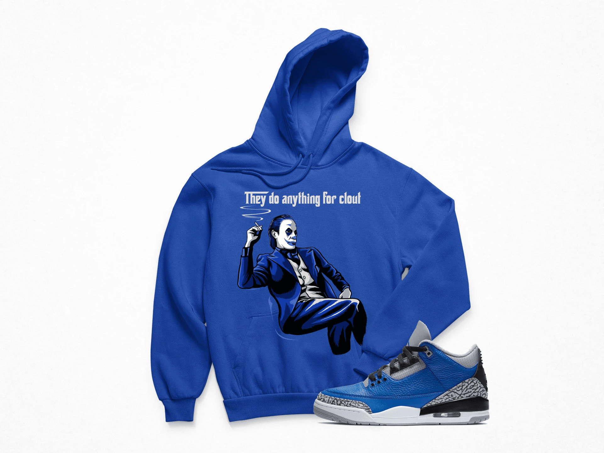 Jordan 3 Blue Cement Joker Face Sneaker Blue Hoodie | Blue Cement Retro 3s Hoodies Outfit