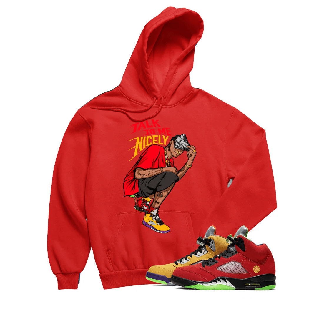 Jordan 5 What The Talk Nice Red Sneaker Hoodie | What The Retro 5s Hoodies Outfit