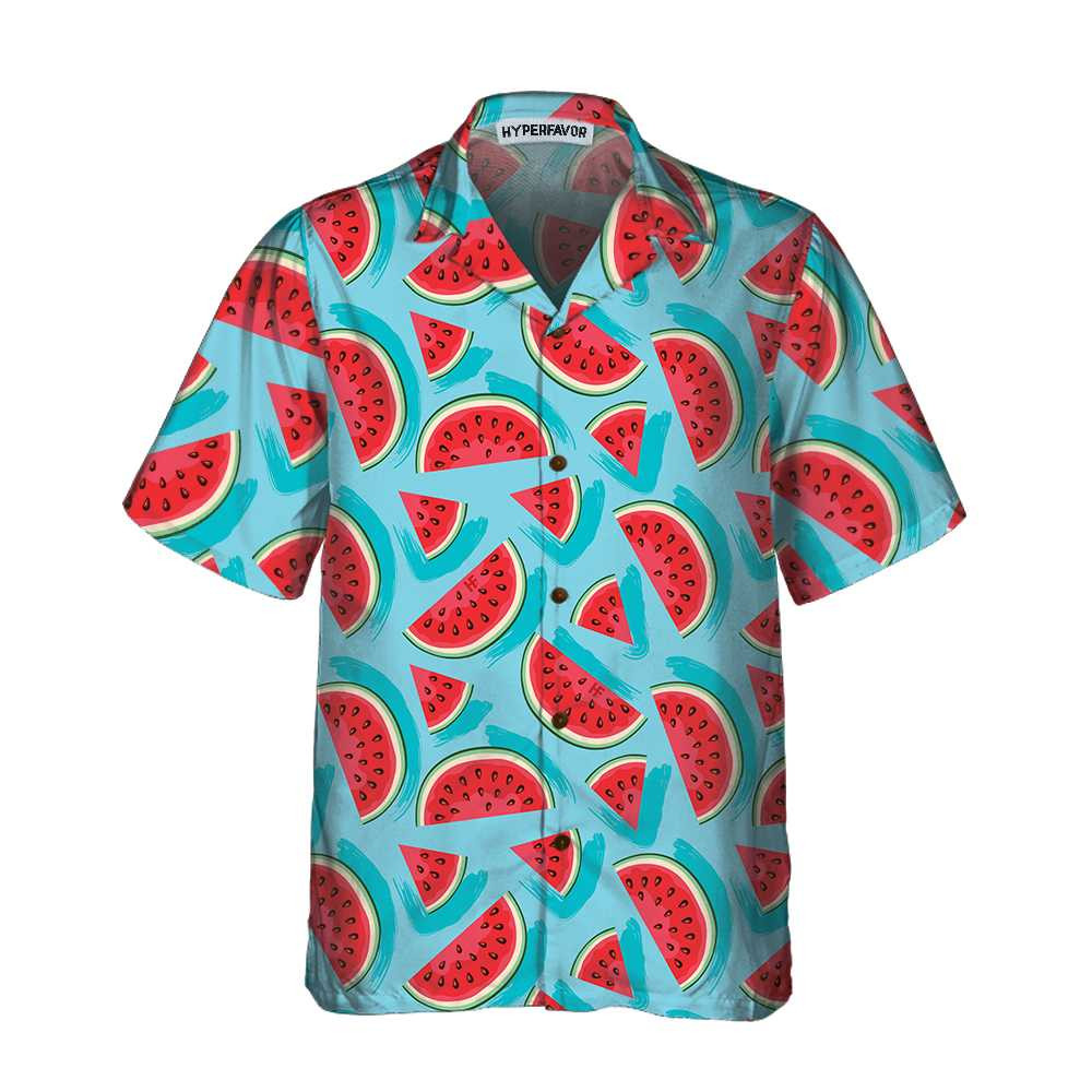 Juicy Watermelon Seamless Pattern Hawaiian Shirt Blue Watermelon Print Shirt For Men  Women
