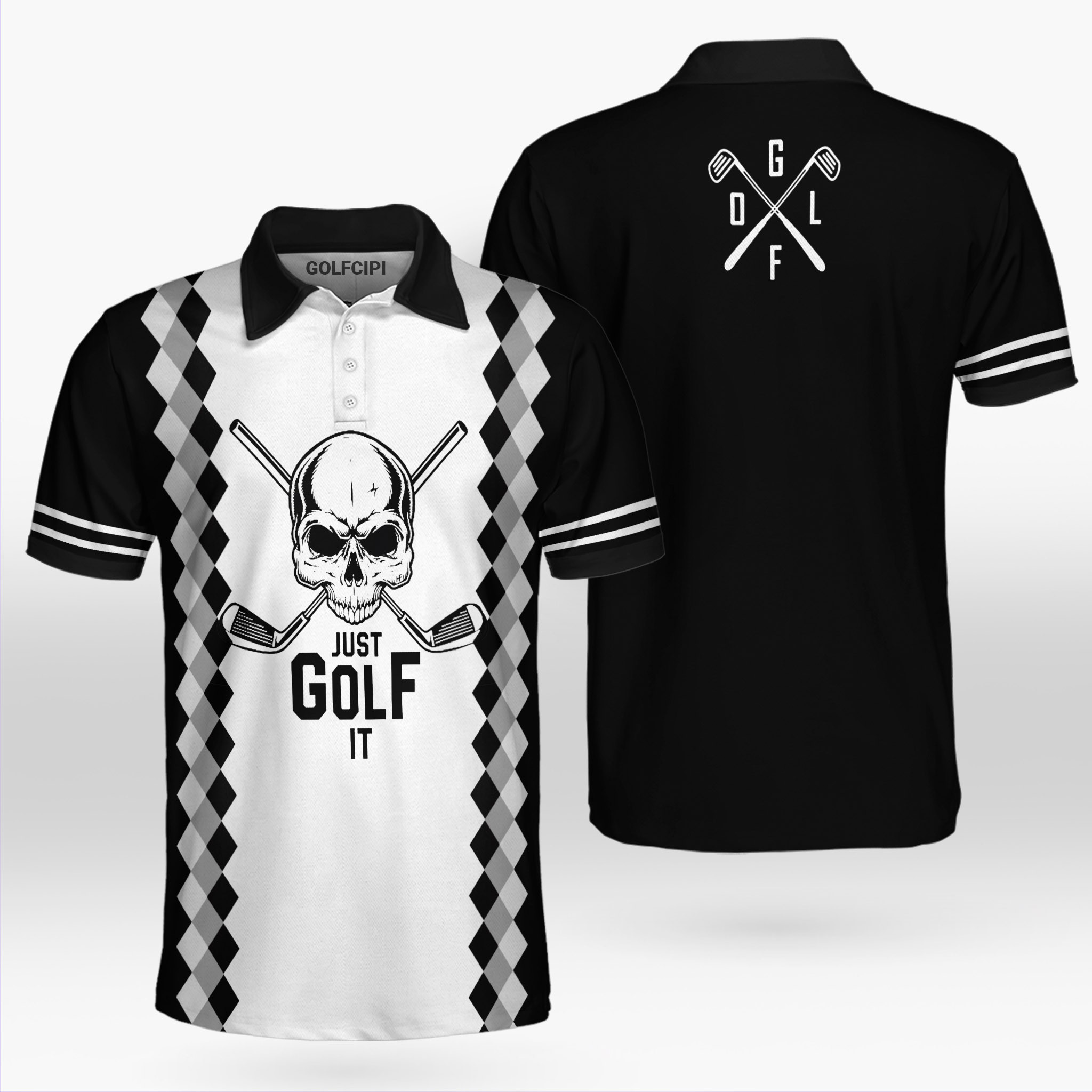 Just Golf It Skull Seamless Black And White Skull Golf Shirt Golf Shirts Short Sleeve Polo For Men