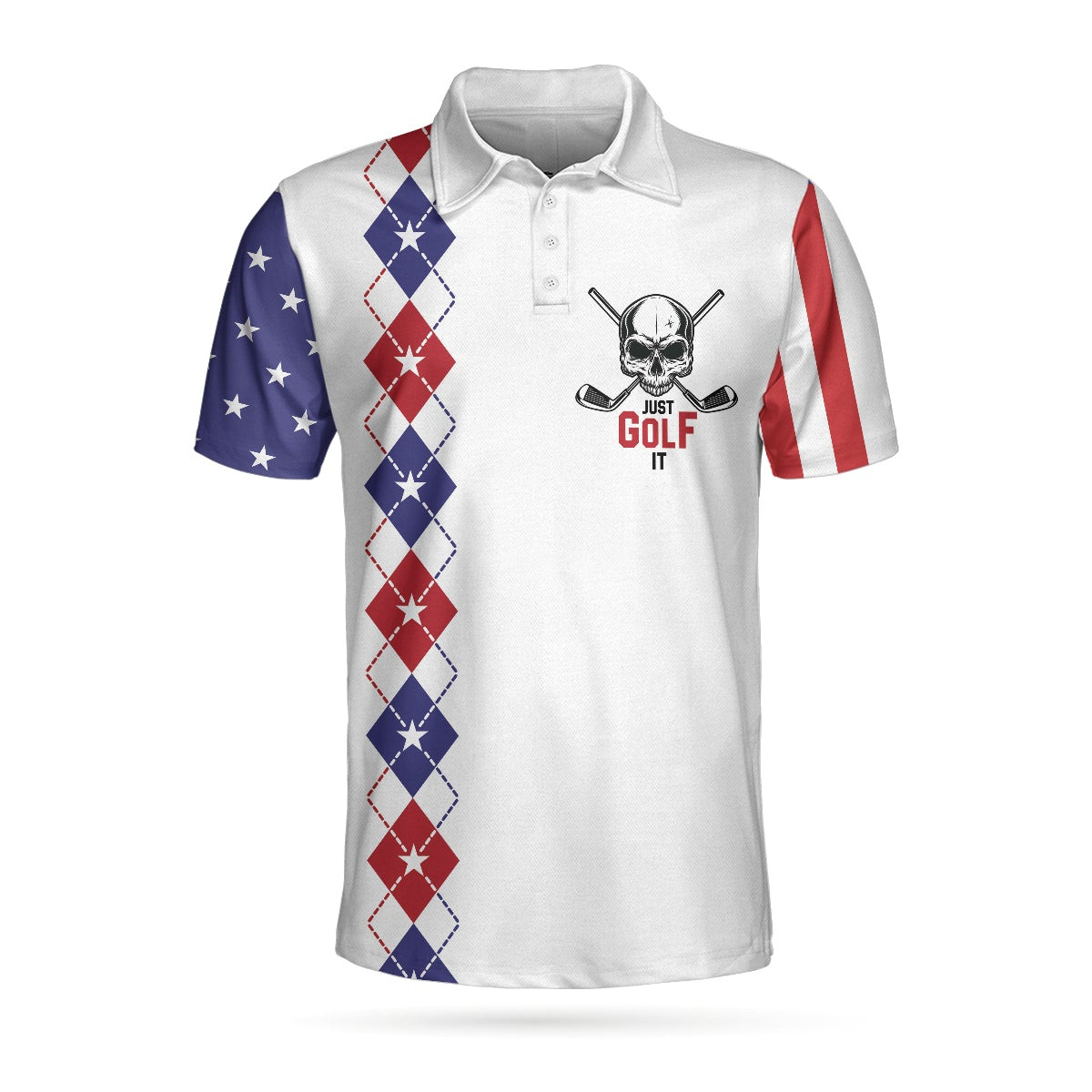 Just Golf It Skull Short Sleeve Golf Polo Shirt Argyle Pattern American Flag Golf Shirt For Men