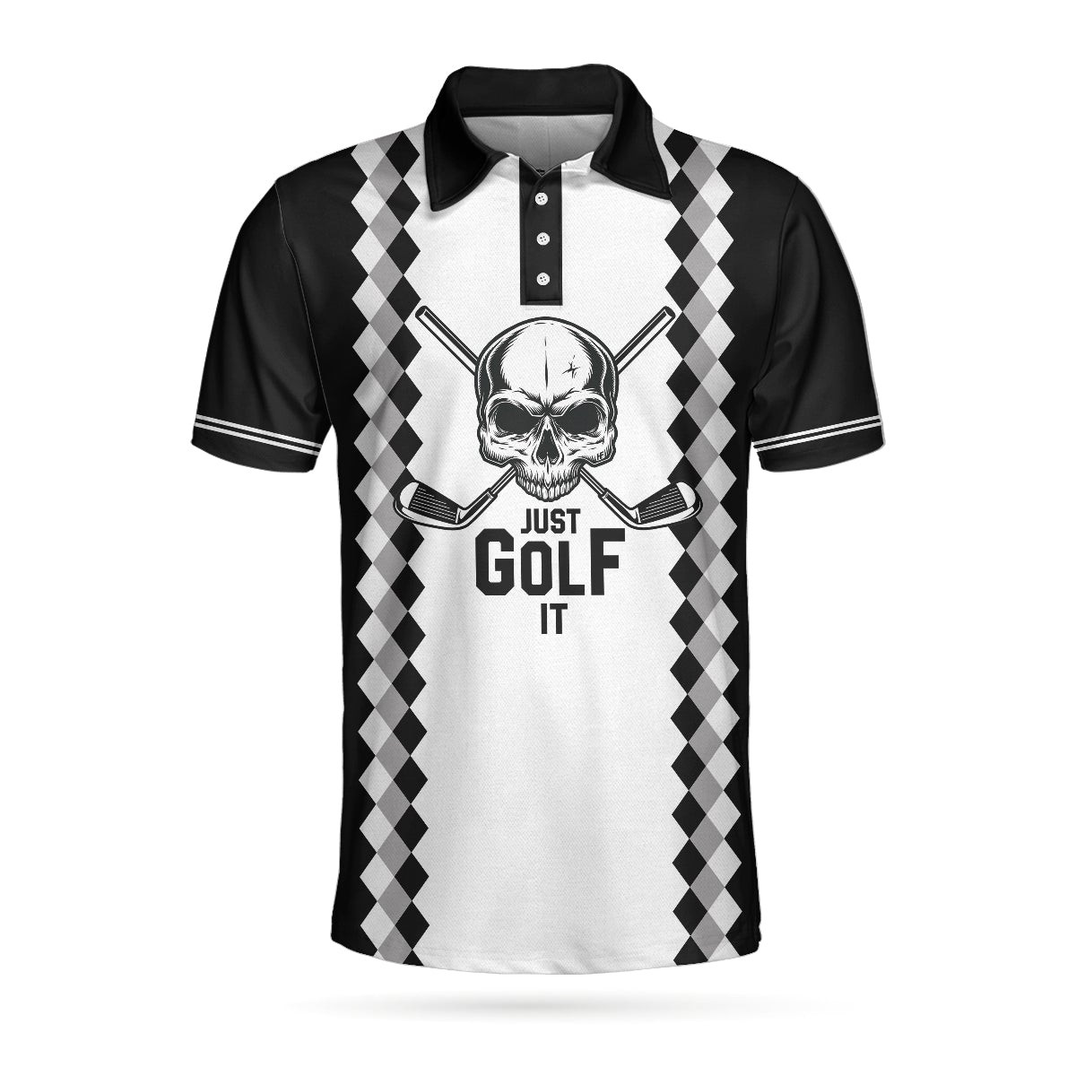 Just Golf It Skull Short Sleeve Golf Polo Shirt Black And White Golf Shirt For Men