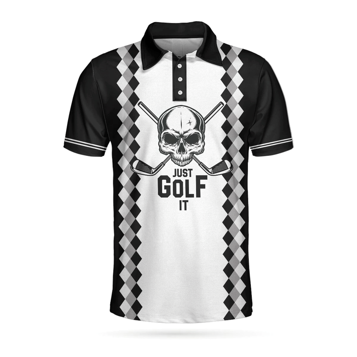 Just Golf It Skull Short Sleeve Golf Polo Shirt Black And White Golf Shirts Short Sleeve Polo For Men