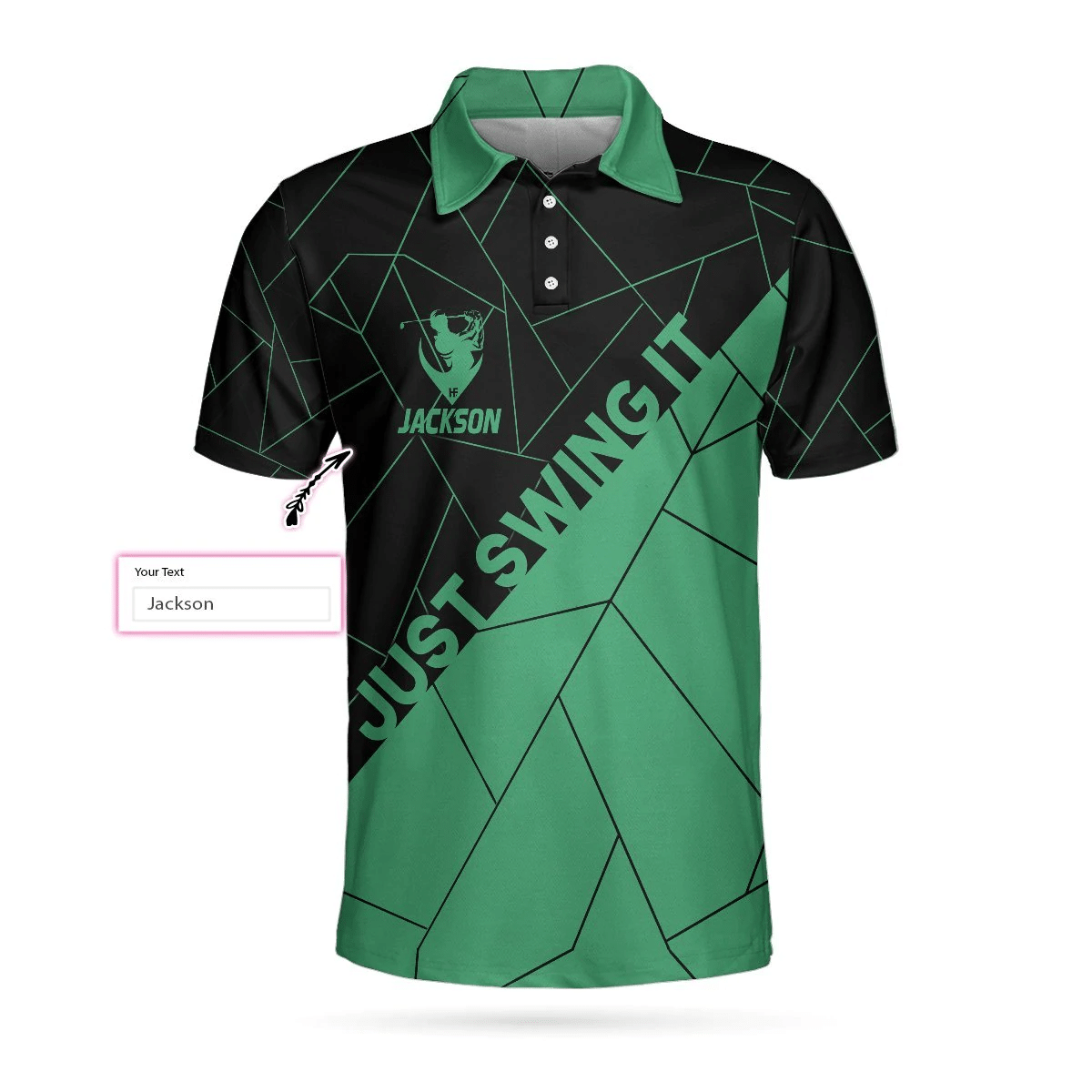 Just Swing It Abstract Geometric Line Pattern Custom Polo Shirt Personalized Black And Cyan Golf Shirts Short Sleeve Polo For Men