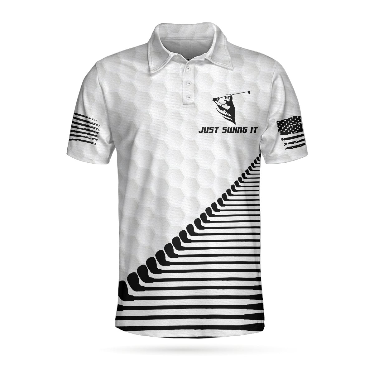 Just Swing It American Golfer Polo Shirt Black And White American Flag Golf Shirt For Men