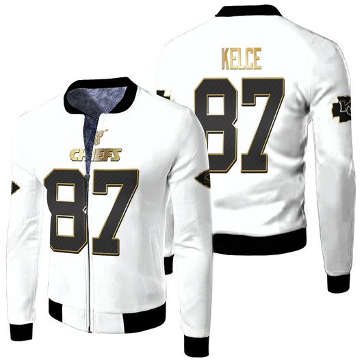 Kansas City Chiefs Travis Kelce 87 Nfl White 100Th Season Golden Edition Jersey Style Gift For Chiefs Fans Fleece Bomber Jacket