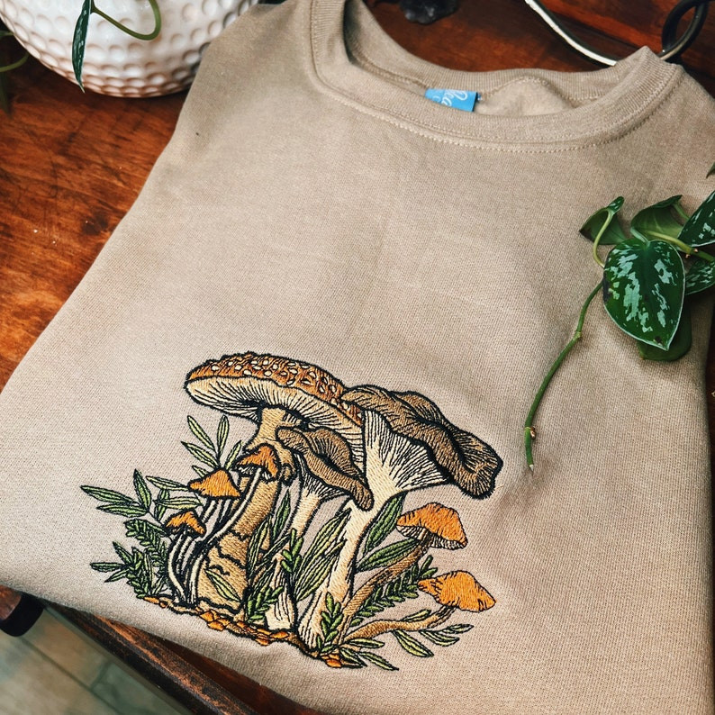 Khaki Fungi Foliage Embroidered Crewneck - Unisex Embroidered Fleece Pullover - Embroidered Sweatshirt - Mushroom Apparel