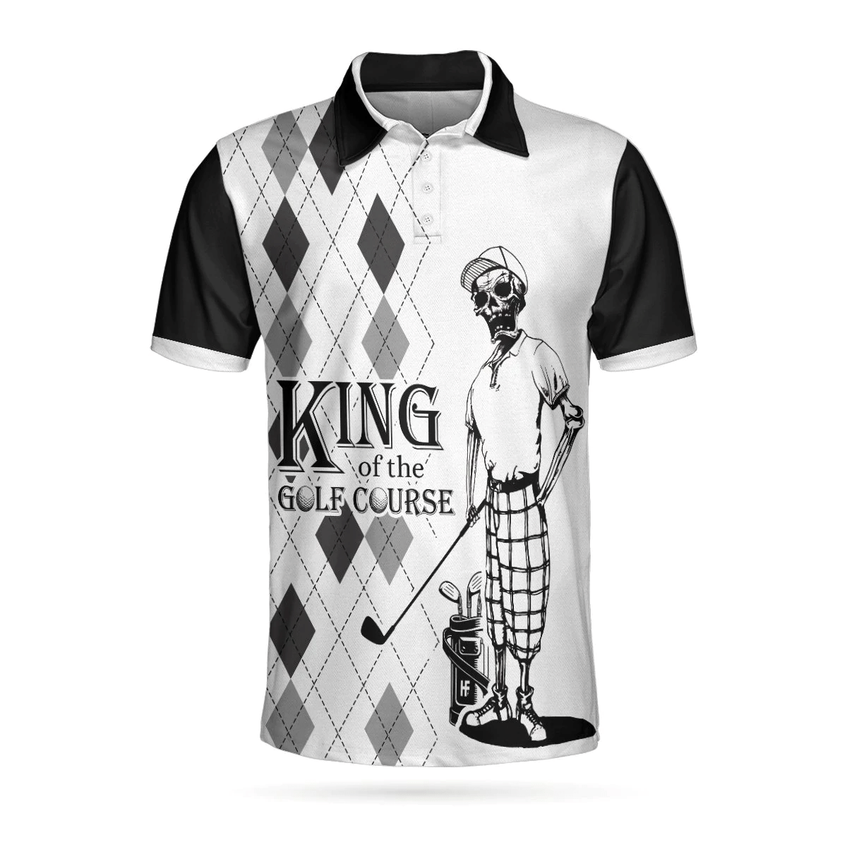 King Of The Golf Course Golf Polo Shirt Black Argyle Pattern Skeleton Golfer Polo Shirt Best Golf Shirts Short Sleeve Polo For Men