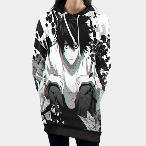 L Sitting Staring In White Black Hooded Dress Death Note 3d Hoodie Dress Sweater Dress Sweatshirt Dress Hoodie